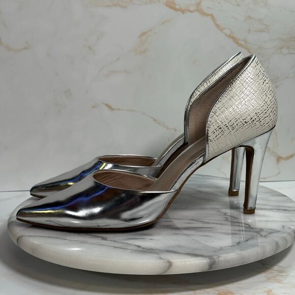 Seychelles Silver High Heels 7.5 Pointed Toe D'Orsay Leather‎ Pumps 3.5" Formal - Picture 4 of 13